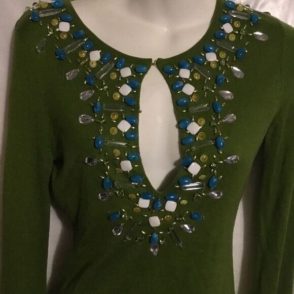 Bebe Beaded Embellished Rhinestone V-neck Silk Cashmere Long Sleeve Shirt XS - Picture 3 of 10